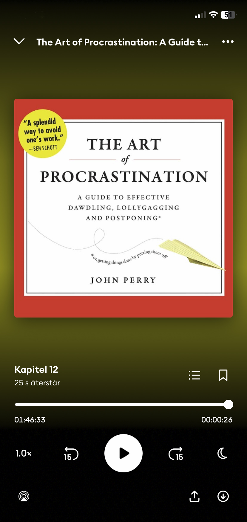 Screenshot of an audiobook with the title "The Art of Procrastination" by John Perry