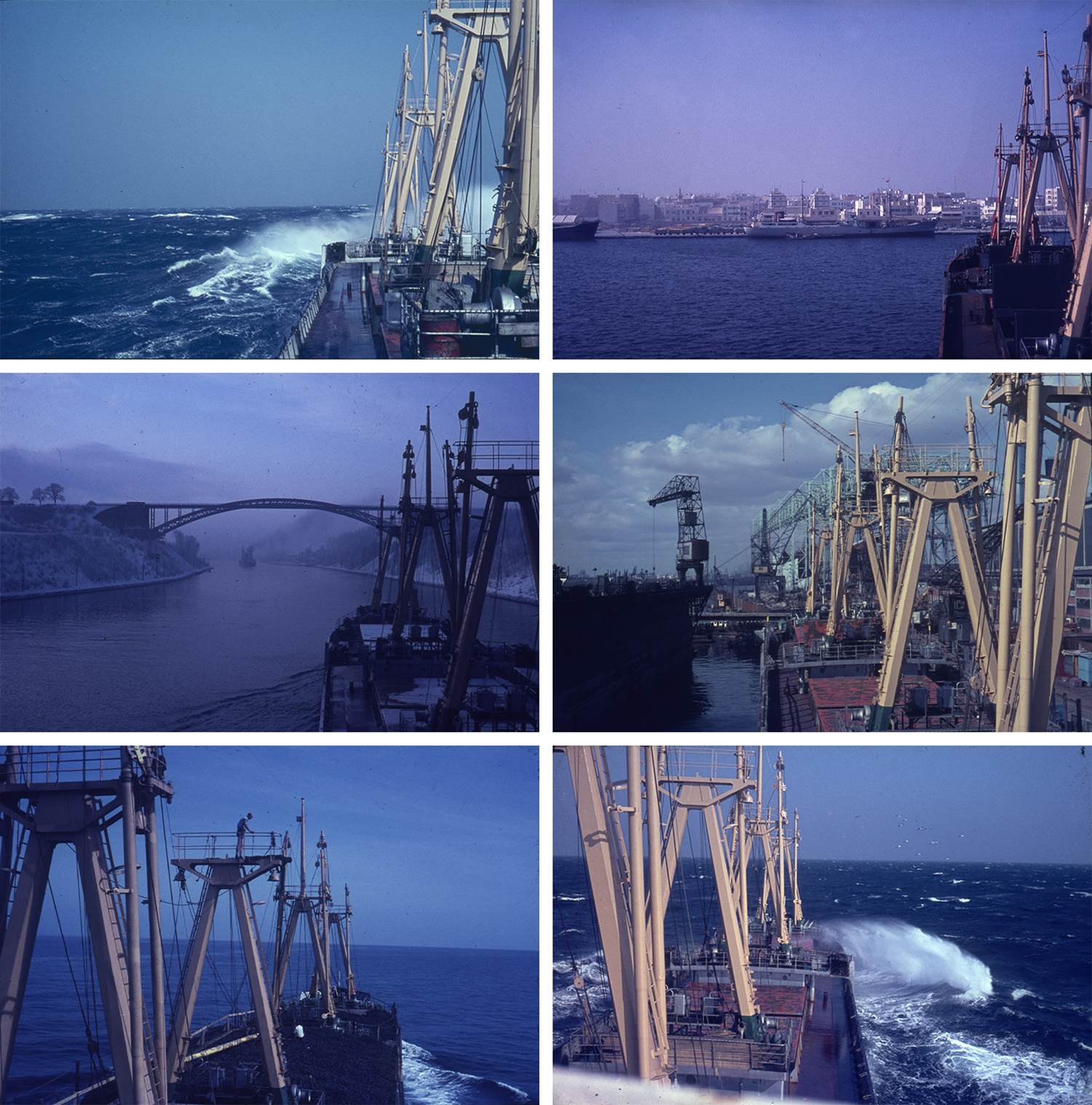 Six images from a ship at sea, all taken from the same spot on the vessel. The pictures have a blue tint.