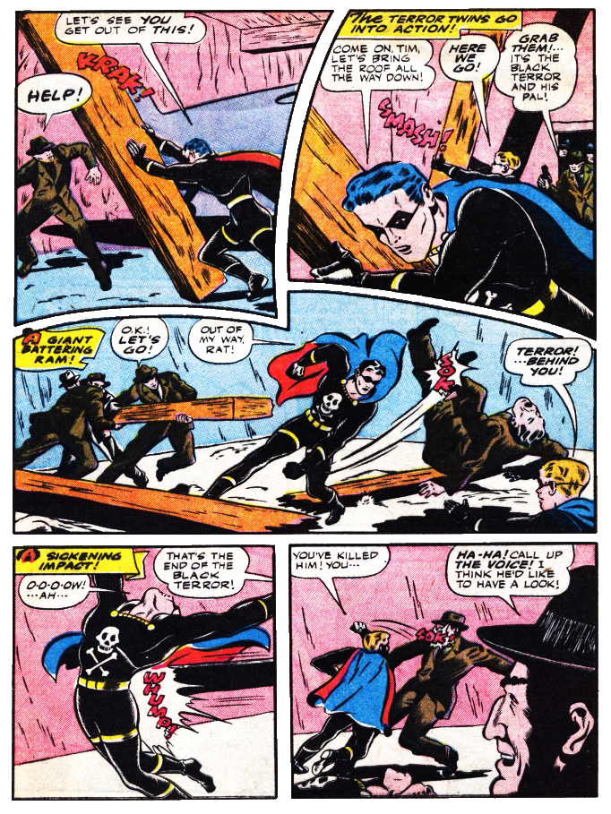 Ett exempel på hur en tecknad serietidning kan se ut. I serien får vi följa en superhjälte i svart dräckt. Det är ett slagsmål som pågår.