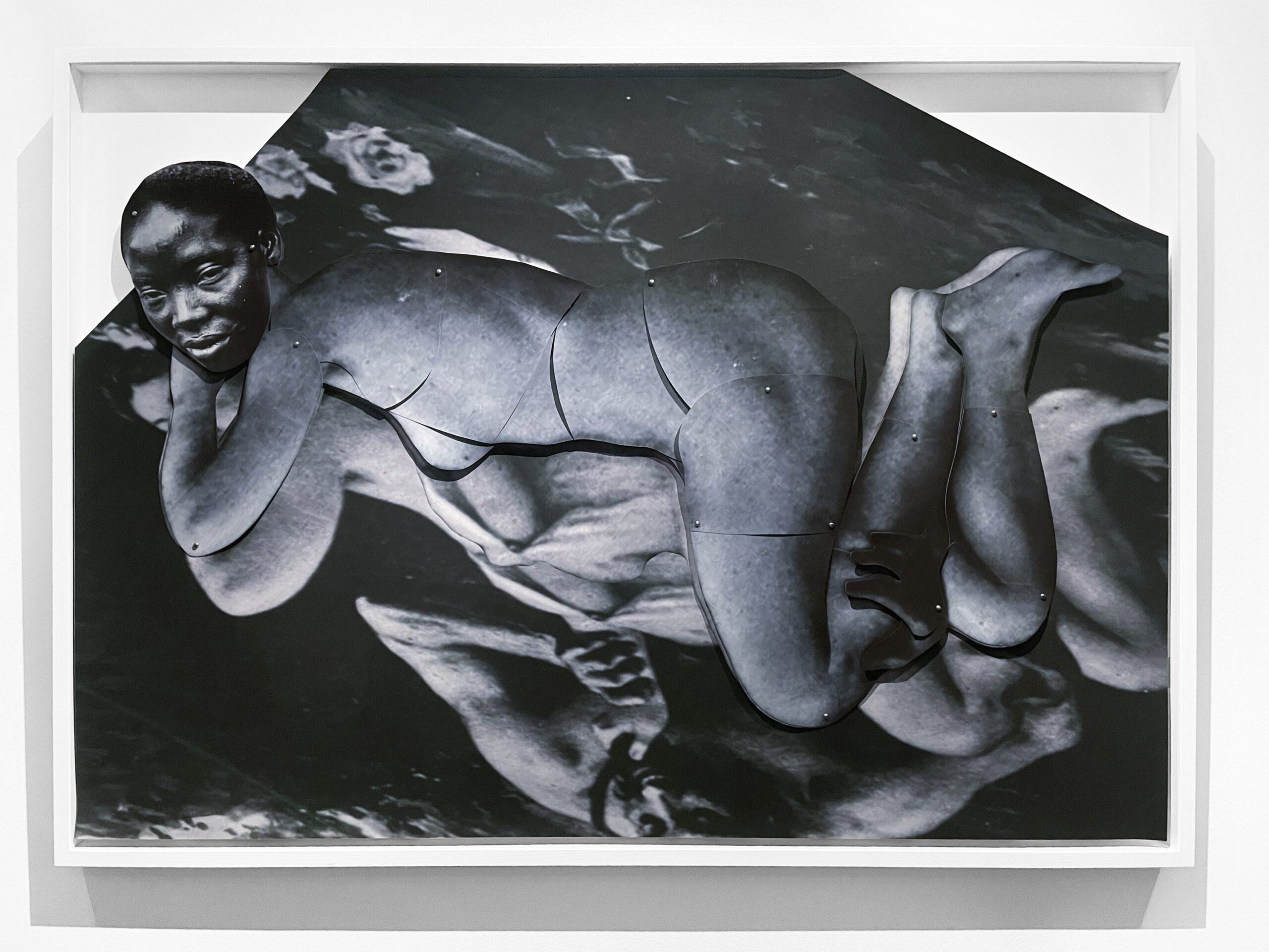 Collage with a woman lying down.