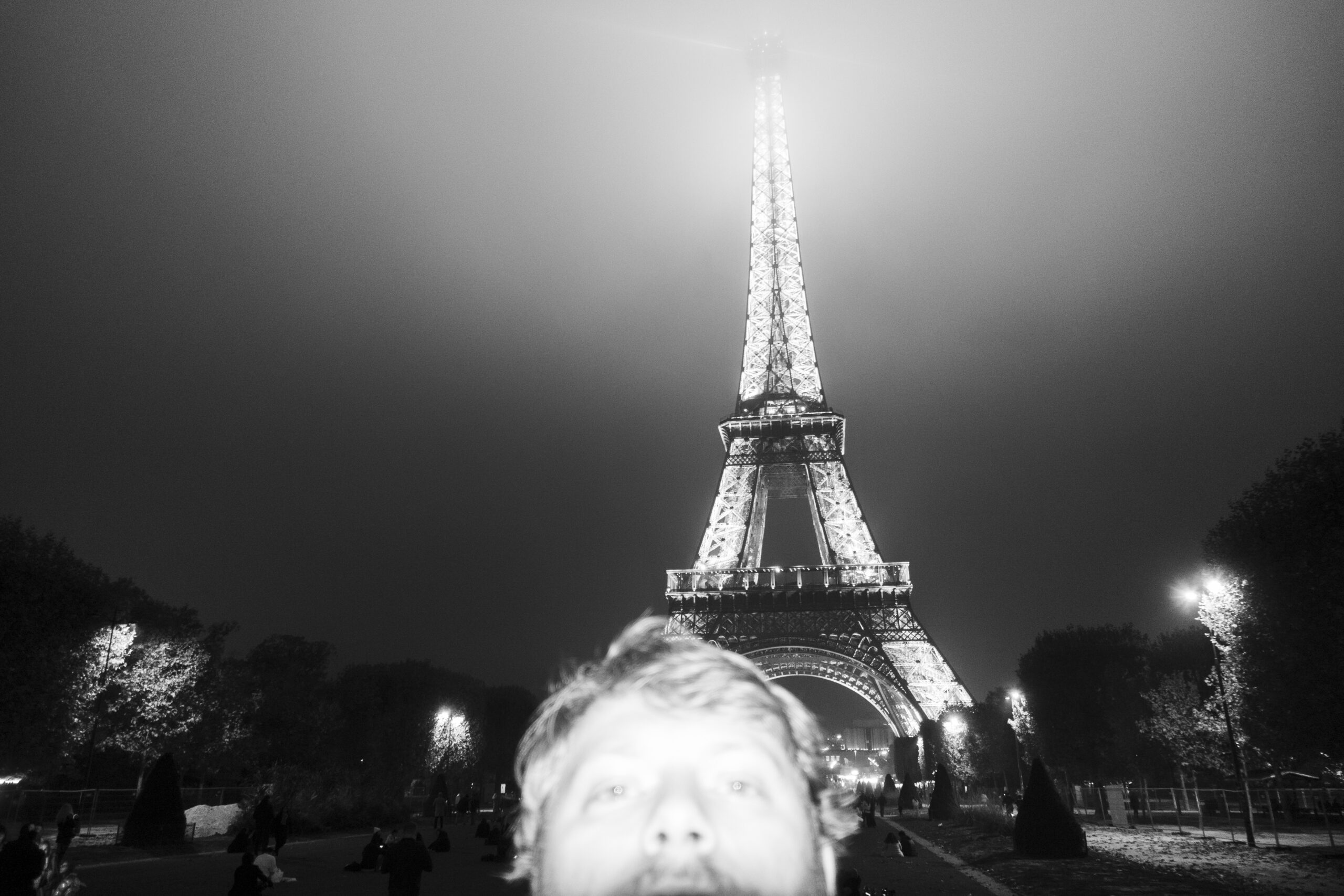 Fotot är ett självporträtt och försöker efterlikna turist-selfies på ett humoristitkt sätt. Det är kväll och i bakrunden kan vi se eiffeltornet lysa upp den dimmiga himmelen. I förgunden ser vi fotografens huvud, avkapat av bildens kant, upplyst av kamerans blixt.